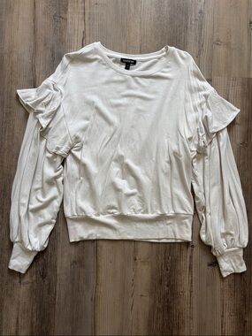 Express Cream Ruffle-Trim Balloon-Sleeve Sweatshirt